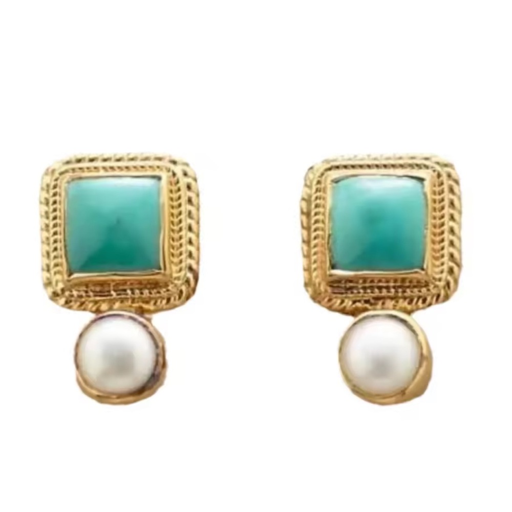 Vintage Turquoise Pearl Golden Earrings - Picture 3 of 6